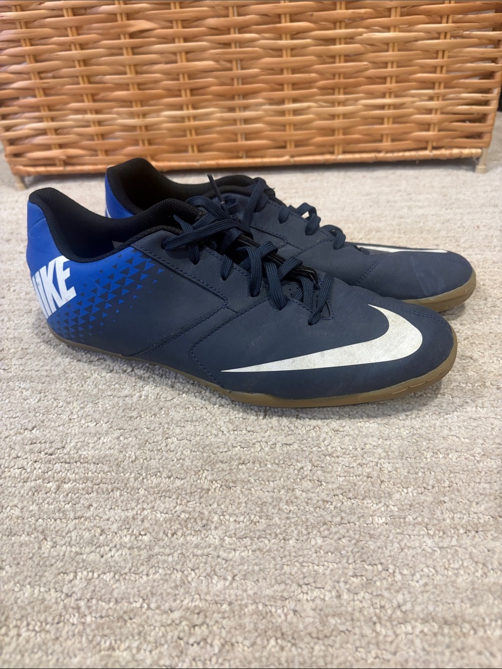 Nike Black and Blue Indoor Soccer Shoes with White Swoosh